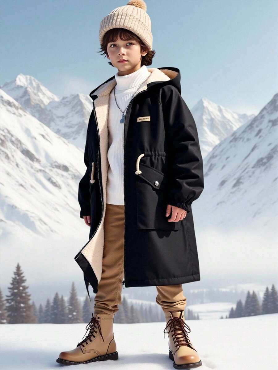 SHEIN 1pc Young Boy Casual Comfortable Thick Lined Hooded Jacket,Fashionable Soft Black Long Coat,Suitable For Back To School Daily Wear Autumn/Winter - Black - View 1