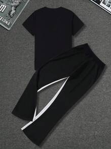 SHEIN Bolty Tween Boy Y2K Casual Short Sleeve Top And Flare Pants Set, Street Punk Rock Preppy Style Suitable For Daily Wear, Party, Summer - Multicolor - View 3