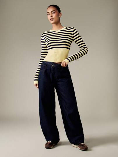 MISSGUIDED 复古阔腿筒形牛仔裤高腰不对称腰带T台风格牛仔裤 Y2K 时尚秋冬休闲街头服饰