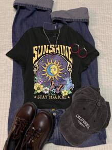 Attitoon 休闲圆领向日葵图案短袖修身女式T恤，适合夏季