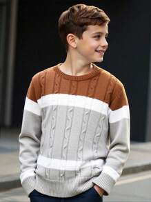 SHEIN 青少年男孩休闲韩版圆领毛衣，适合通勤、上学、日常休闲装、运动、秋冬 - 灰色 - 查看 2