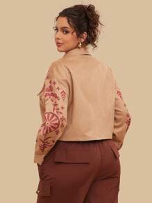 SHEIN VCAY 大码女式卡其色长袖短款外套，图案外套，秋冬女装，适合学校、返校节、商务休闲、教堂、乡村音乐会等场合，棕色上衣，纽扣外套，外出上衣，秋季长袖女式上衣