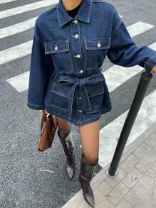 Siren Gaze 女士休闲通勤落肩宽松系带牛仔夹克