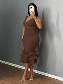 Slaydiva Elegant Bodycon Deep V-Neck Ruffle Hem Dress - E - Brown - View 6