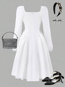 女孩都市通勤优雅轻盈正式束腰派对连衣裙 - 白色 - 查看 2