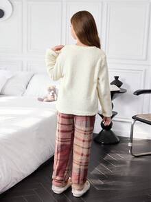 SHEIN 儿童冬季毛绒可爱熊刺绣连帽衫和格子裤睡衣套装 - 米色 - 查看 2