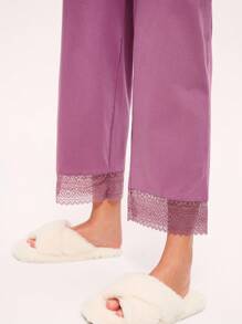 LUVLETTE Autumn And Winter Soft 100% Pure Cotton Misty Forest Style Lace Elegance Trim Button-Up Top & Pants Loungewear Women Airy Pajama Sets Pants With Pockets Romantic Living Cozy At Home Fall Pajamas Clothes - Purple - View 8