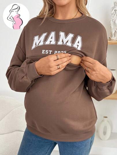 SHEIN Sudadera de cuello redondo de manga larga con estampado minimalista para maternidad