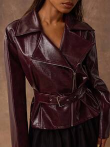 SHEIN BAE 女式纯色时尚短款拉链风衣 - 酒紅色 - 查看 6