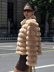 DAZY 女士宽松高领长袖休闲街头仿皮草外套，秋冬女式大衣 - 駝色 - 查看 6