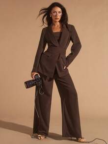 Glamine 3-częściowy damski brązowy komplet garniturowy z szalowym kołnierzem, damski swobodny, uniwersalny komplet garniturowy, odpowiedni do biura, dojazdów do pracy, wyjść, luźny, swobodny komplet garniturowy, jesienny komplet damski, brązowy komplet biurowy, damski, 3-częściowy komplet garniturowy, elegancki komplet damski