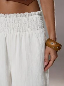 SHEIN Unity 女士宽松波西米亚高腰抽绳阔腿裤，适合休闲、海滩、旅行 - 白色 - 查看 3