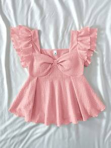 SHEIN Áo thun dệt kim jacquard tay bèo nhún họa tiết mùa hè dễ thương, thoải mái cho bé gái tuổi teen, đồ mặc nhà, dễ thương, thích hợp cho các bữa tiệc, ngày lễ tình nhân - Hồng - Xem 4