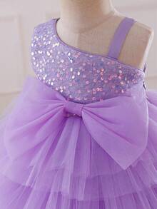 Glamorique Kids 圣诞节/新年派对装女婴亮片拖尾薄纱蛋糕裙、细肩带柔软公主裙 - 紫色 - 查看 7