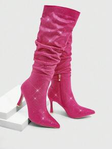 CUCCOO SZL 女士尖头高跟紫红色皱纹水钻装饰性感及膝靴，适合夜总会、派对、聚会，粉色 - 玫紅色 - 查看 8