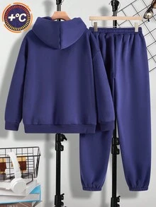 SHEIN 青少年男孩休闲街头风格纯色图案标语印花舒适套头连帽衫和慢跑裤套装，适合通勤、上学、日常休闲、旅行、运动、派对、秋冬 - 藏蓝色 - 查看 5