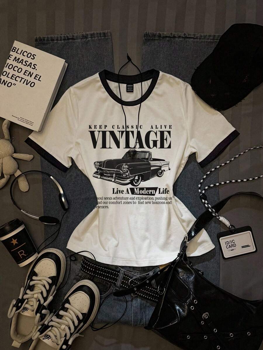 SHEIN EZwear Women's Casual Grunge Vintage Black & White Car Print Colorblock Short Sleeve T-Shirt, Suitable For Summer, Y2K Style