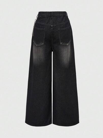 Grunge Punk Loose Fit Chain Decor Wide Leg Jeans