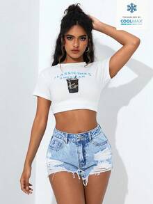 SHEIN PETITE Summer Casual Washed Distressed Denim Shorts - Light Wash - View 3