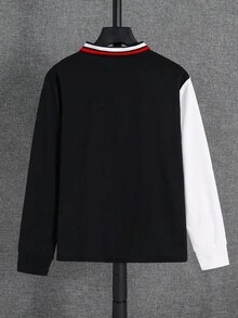 SHEIN 青少年男孩休闲拼色 Polo 衫，平领，适合秋季、春季、夏季、户外玩耍、学校、街头风格、派对和休闲 - 黑色 - 查看 4