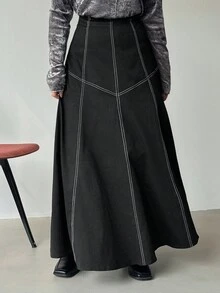 FRIFUL Chân váy dài dáng chữ A rộng rãi, có đường may trang trí, kiểu dáng thường ngày dành cho nữ, thích hợp cho mùa thu. - màu đen - Xem 6