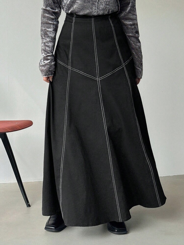 FRIFUL 女士宽松A字装饰缝线长款休闲半身裙，秋季 - 黑色 - 查看 6