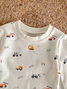 Loomiva 2 件套男婴舒适睡衣套装，卡通汽车印花柔软针织圆领长袖上衣和松紧腰长裤，舒适棉质幼儿睡衣，适合冬季