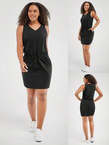 GLOWMODE VitalSwift Rhythm V領連衣裙，可調節束繩，快乾輕盈，適合低影響GYM日常夏季休閒 - 黑色 - 查看 10