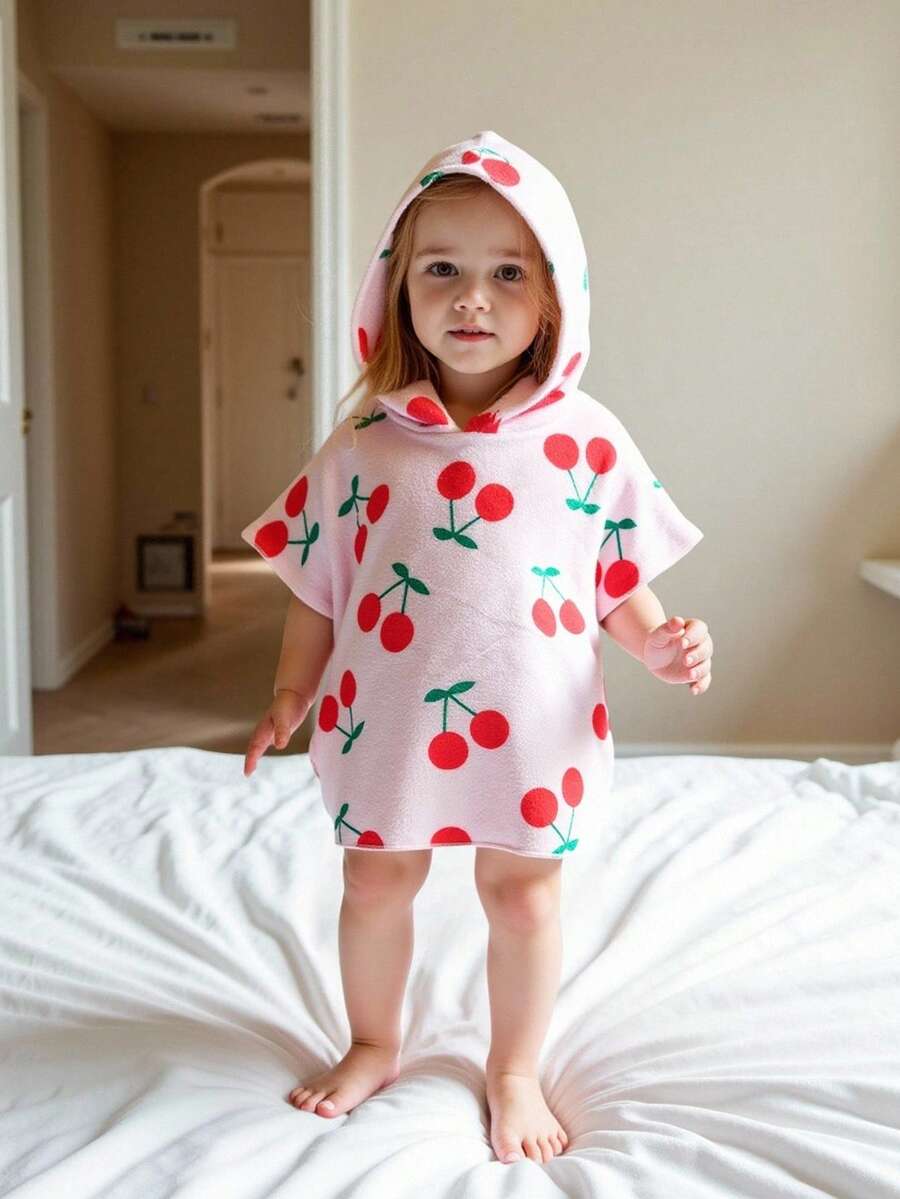 Infant Girls' Double-Sided Flannel Cherry Print Sleeveless Hooded Sleeping Bag & Robe, Homewear - Red - View 1