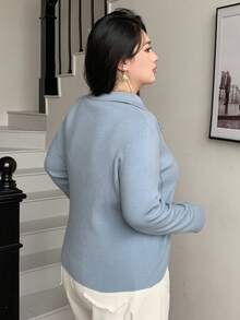 Dazy Plus كنزة صوفية صوفية طويلة الأكمام ذات رقبة على شكل V مناسبة للمقاسات الكبيرة، لون أحادي، مناسبة للربيع والخريف - الأزرق - مشاهدة 2