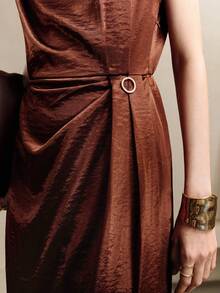 Chiquease Đầm suông màu trơn thanh lịch, thiết kế ôm dáng độc đáo, dệt kim mùa hè dành cho nữ - màu nâu - Xem 2