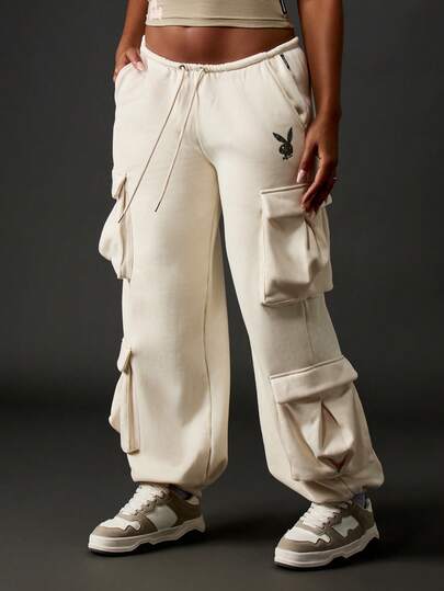 Missguided x Playboy Pantalones jogger cargo de pierna ancha de felpa francesa oversize, ropa de calle de invierno y otoño, casual, de corte holgado, moda estética Y2K