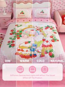 Strawberry Shortcake X SHEIN 3 PiecesStrawberry Print Bedding Set, Soft & Warm, Farmhouse Style, Fits Various Bed Sizes,Gift Ideas - Multicolor - View 13
