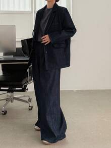 DAZY 女式牛仔外套，有领，直筒裤，休闲牛仔套装 - 深色水洗藍 - 查看 2