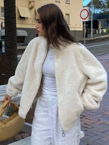 DAZY 女士蓬松休闲街头宽松人造毛皮夹克女外套 - 米色 - 查看 1