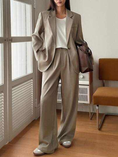 DAZY 2pcs Women Casual Suit Set: Blazer Jacket And Straight Leg Pants Business Attire