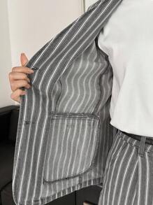 DAZY Costum casual din denim pentru femei, cu decolteu în V, lejer, cu dungi, sacou și pantaloni lejeri cu picior drept, 2 piese - Gri - Vizualizare 8