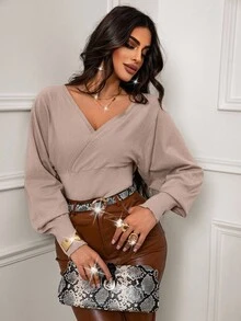 Xyvia Women's French Style V-Neck Criss-Cross Hem Waist Design Sweater,Maillard Style Fall Winter Cloth For Women - Khaki - View 3