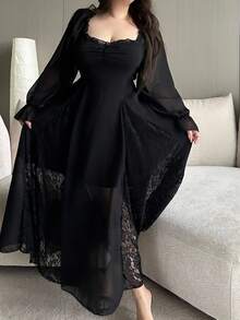 Flirla 优雅蕾丝边泡泡袖连衣裙，收腰，度假，海滩，生日，法式时尚 - 黑色 - 查看 4