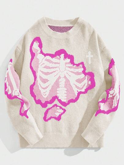 Street Life Men's Skeleton Jacquard Knit Crew Neck Loose Casual Sweater, Halloween , Fall Winter