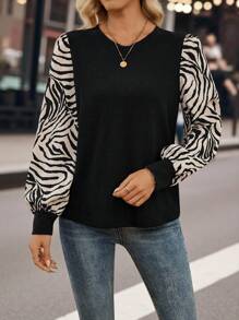 EMERY ROSE 春夏圆领泡泡袖灯笼袖拼色豹纹休闲度假长袖T恤 - 黑色 - 查看 9