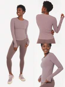 GLOWMODE FeatherFit™ Waist Slimming Curved Long Sleeve Top Low Impact Yoga Pilates Daily Summer Gym - Elderberry - View 6