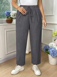 SHEIN LUNE CURVE Quần dài vải cotton đa năng, thường ngày, cỡ lớn dành cho nữ - Màu xám đen - Xem 7