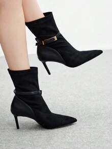 CUCCOO BIZCHIC 极简细跟踝靴，金属搭扣设计，优雅拼接高跟踝靴 - 黑色 - 查看 4