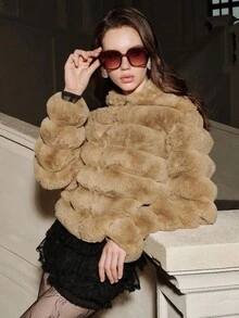 Anewsta Savoree 女士时尚连帽仿皮草夹克，秋冬 - 卡其色 - 查看 6