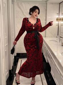 Flirla Elegant Floral Lace V-Neck Plus Size Bodycon Dress Fall Cloth For Women - Multicolor - View 2