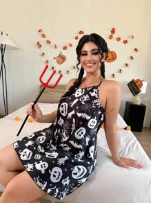 SHEIN Plus Size Women Halloween Pumpkin & Ghost Print Slip Dress - Multicolor - View 1