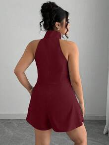 Elenzga 夏季女式加大码纯色高领无袖连体裤 - 酒紅色 - 查看 2