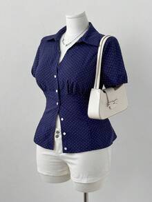 Sunspun Bluză minimalistă cu imprimeu cu buline, talie strânsă, mânecă scurtă - Albastru - Vizualizare 1