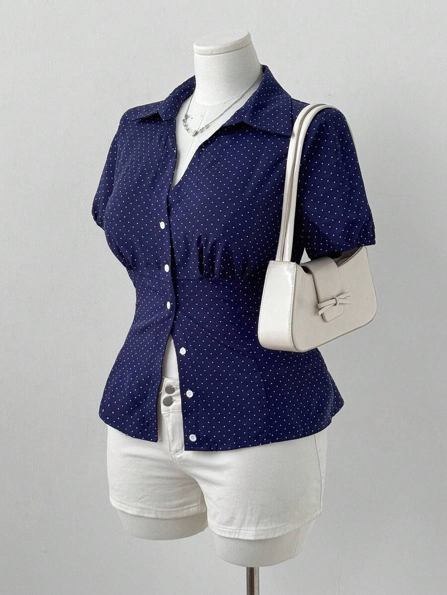 Sunspun Bluză minimalistă cu imprimeu cu buline, talie strânsă, mânecă scurtă - Albastru - Vizualizare 1